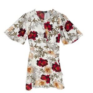 Boohoo Ivory Floral Mini Wrap  Dress Ruffle Bell Sleeve‎ Size 4 Y2K Kimono Style